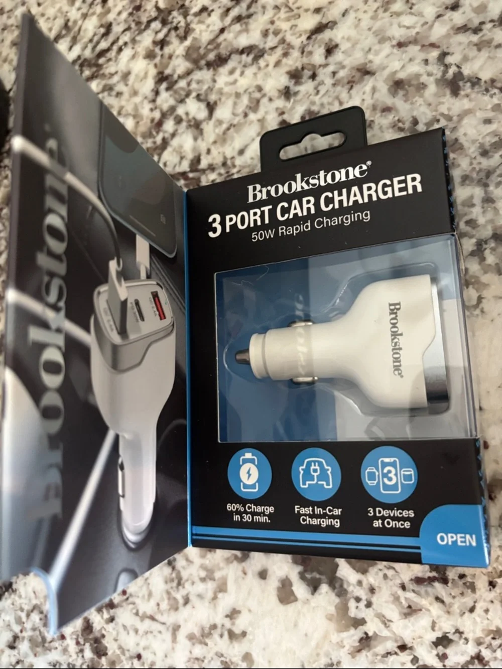 Brookstone White 3-Port Car Charger with USB-C and USB-A Ports